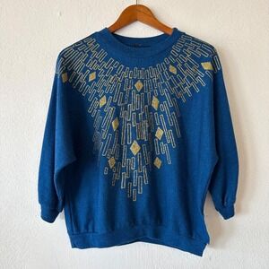 Vintage Blue Gold Abstract Graphic Dolman Sweatshirt 3/4 Sleeve Size Small Aprox